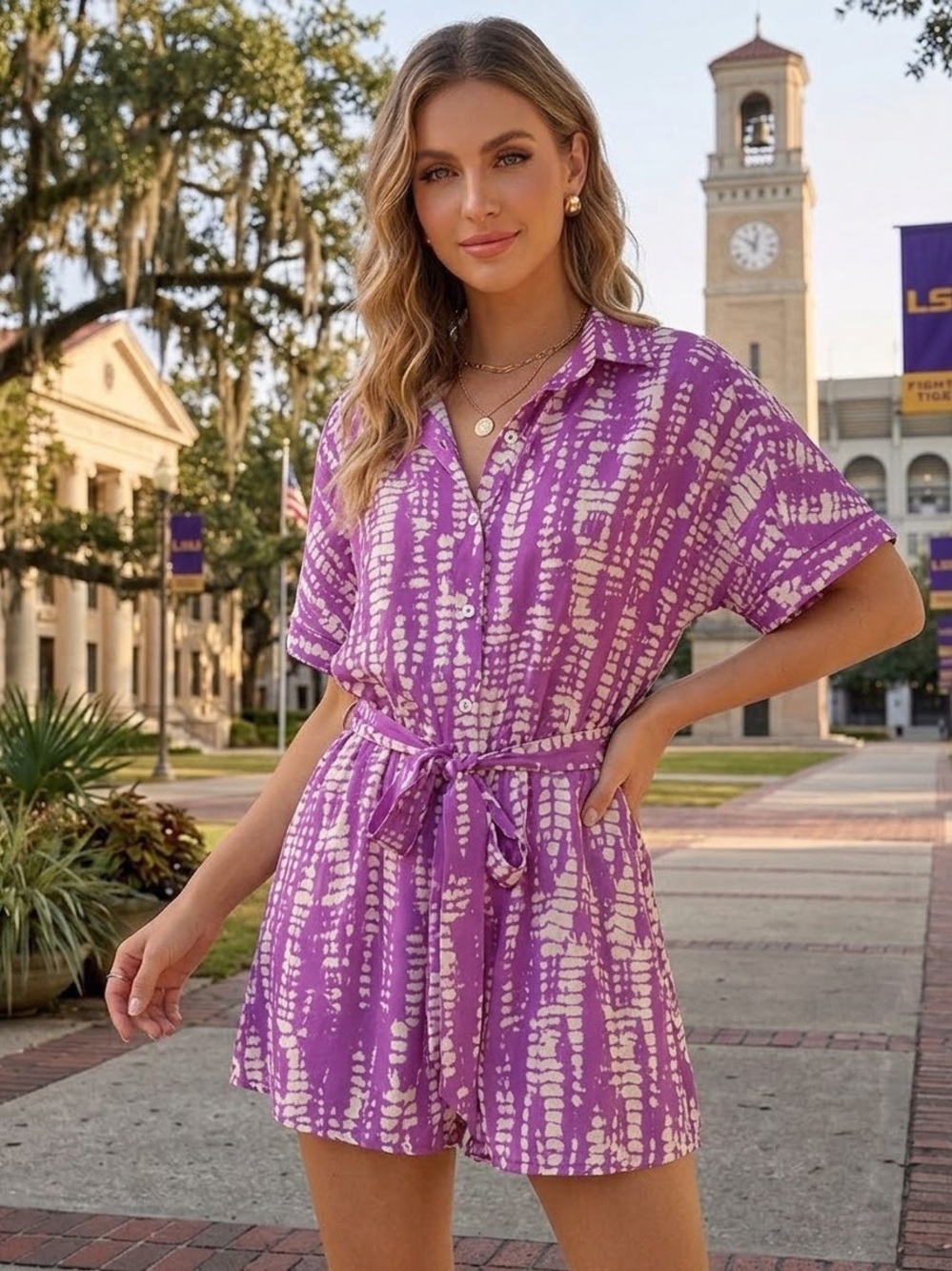 NWOT Purple & White Button Front Belted Romper